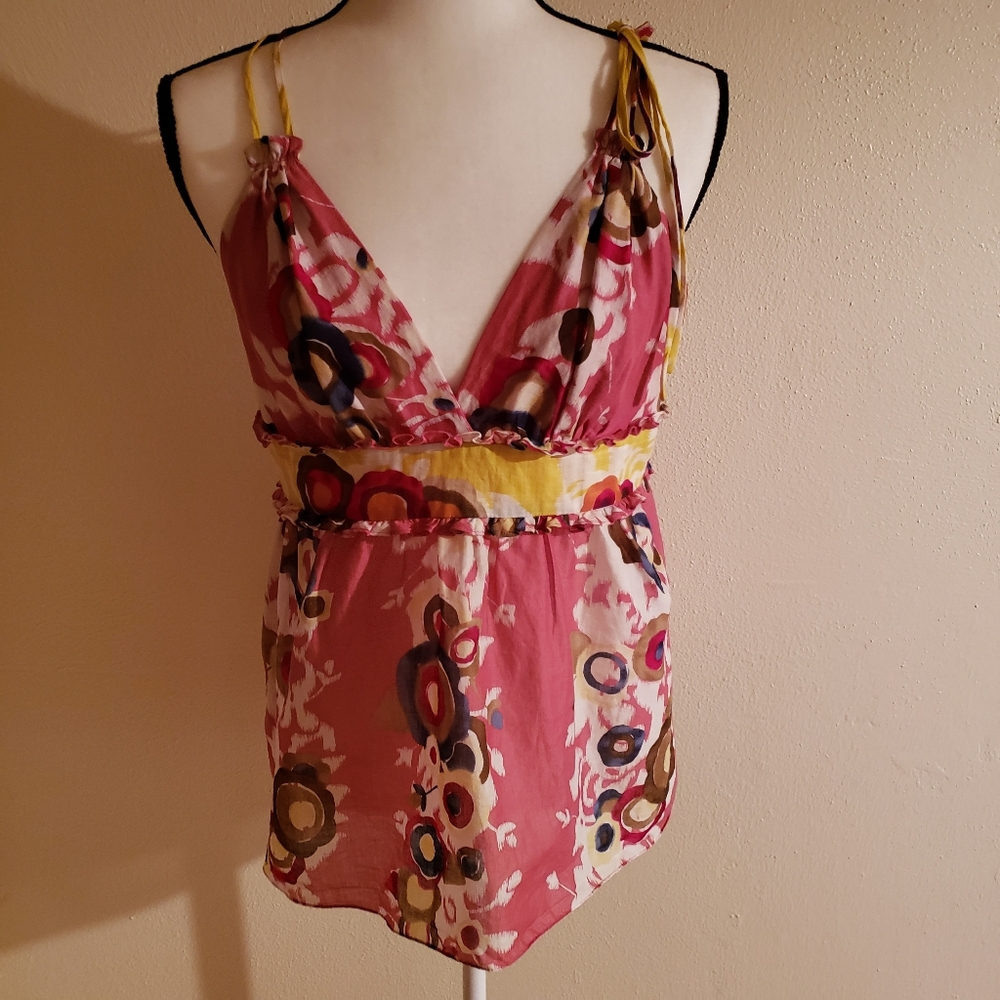 BCBGMaxazria One Shoulder Tie Print Top MED